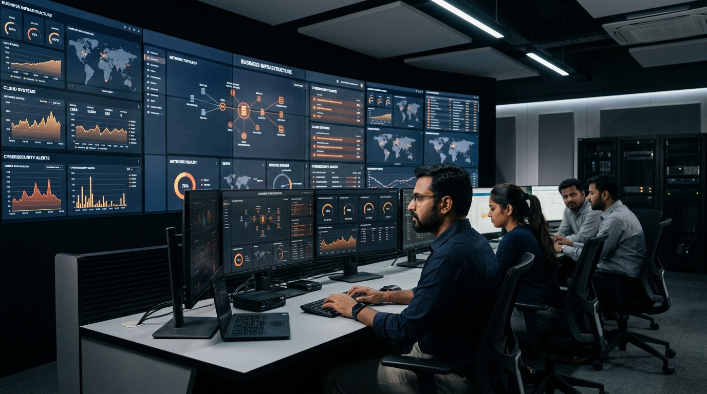 Managed IT services team monitoring business infrastructure and cybersecurity