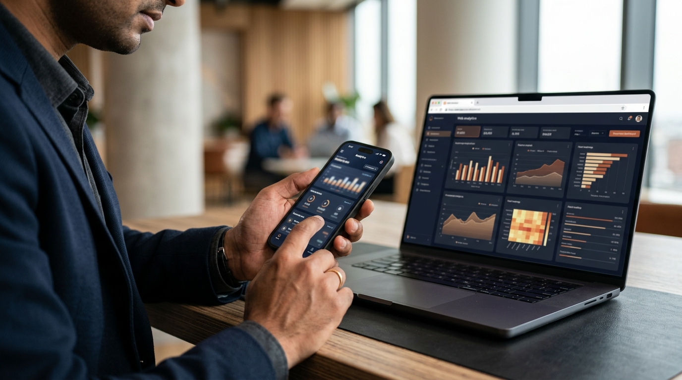 Mobile app development — business professional using a mobile application with connected dashboard