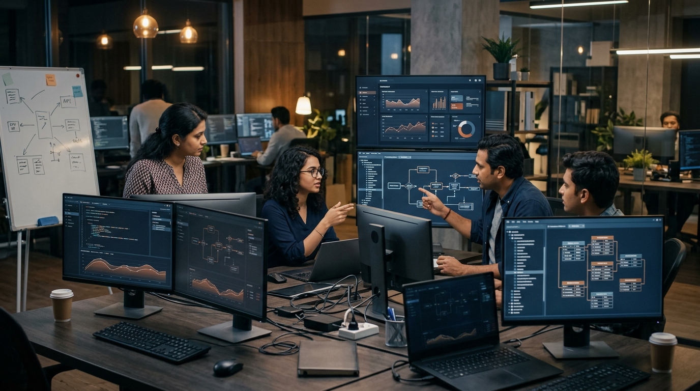 Custom software development team building a business application